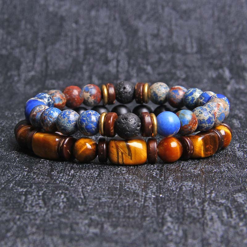 Fortune Jewel 2PCS Healing Crystal Emperor Stone Tiger Eye Bead Bracelet