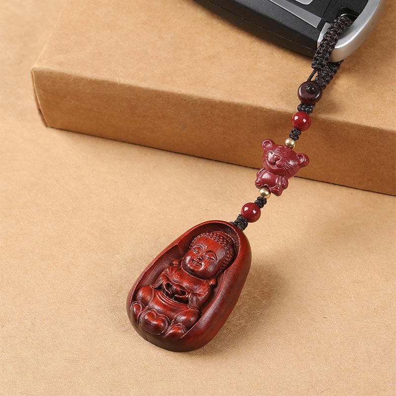 Fortune Jewel Small Leaf Red Sandalwood Buddha Cinnabar Chinese Zodiac Amulet Protection Key Chain