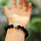 Fortune Jewel 925 Sterling Silver Black Onyx Bead Character Engraved Protection Bracelet