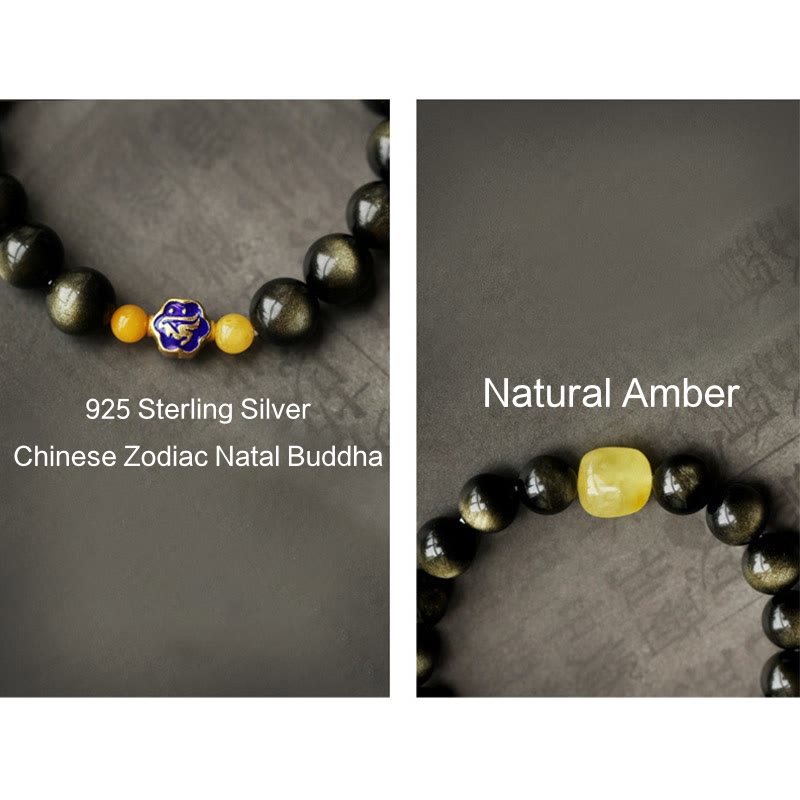 Fortune Jewel 925 Sterling Silver Chinese Zodiac Natal Buddha Natural Gold Sheen Obsidian Amber Wealth Protection Bracelet