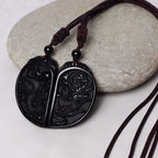 Fortune Jewel Black Obsidian Love Dragon Phoenix Protection Necklace Pendant