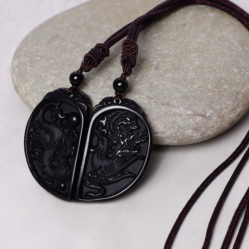 Fortune Jewel Black Obsidian Love Dragon Phoenix Protection Necklace Pendant