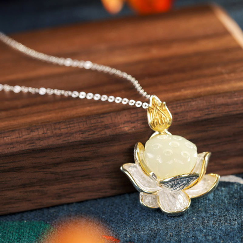 Fortune Jewel White Jade Lotus Flower Happiness Necklace Fortune Jewel