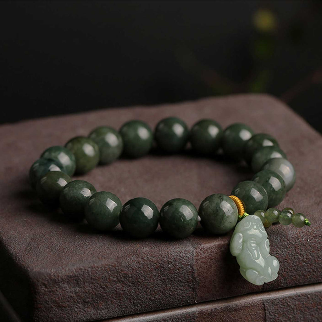 Buddha & Karma Green Jade Bracelet with Pixiu - Invite Wealth & Calming Energies
