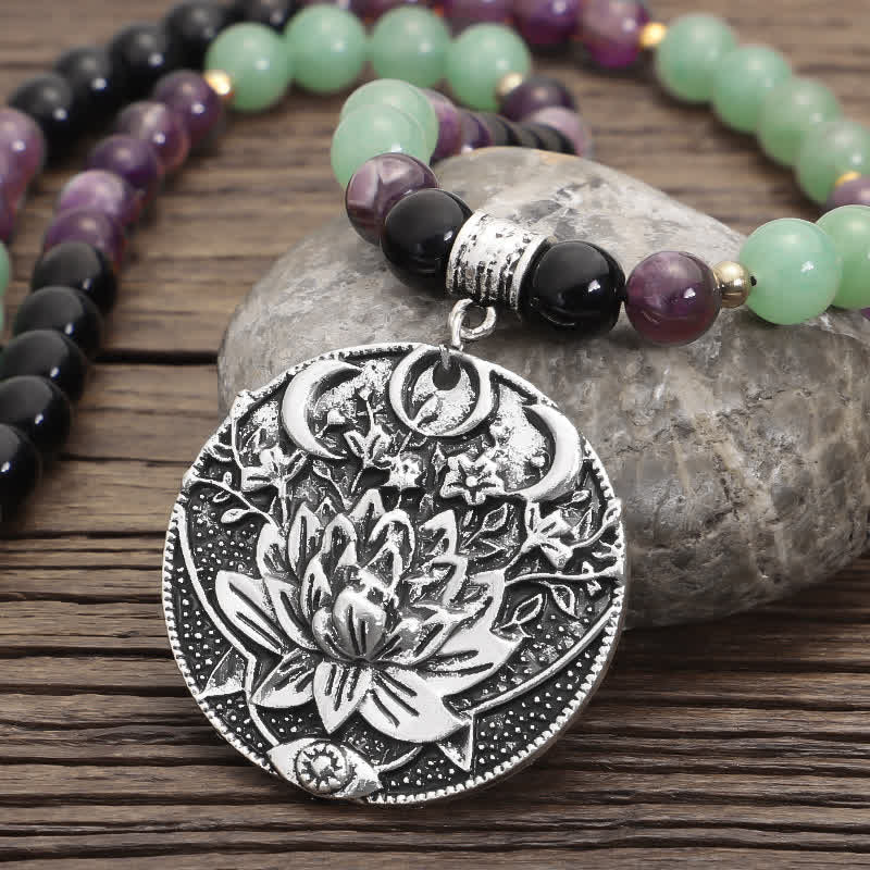 Fortune Jewel 108 Mala Beads Amethyst Green Aventurine Lotus Meditation Bracelet