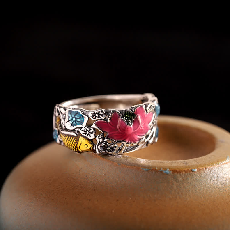 Fortune Jewel 925 Sterling Silver Lotus Koi Fish Enlightenment Ring Fortune Jewel