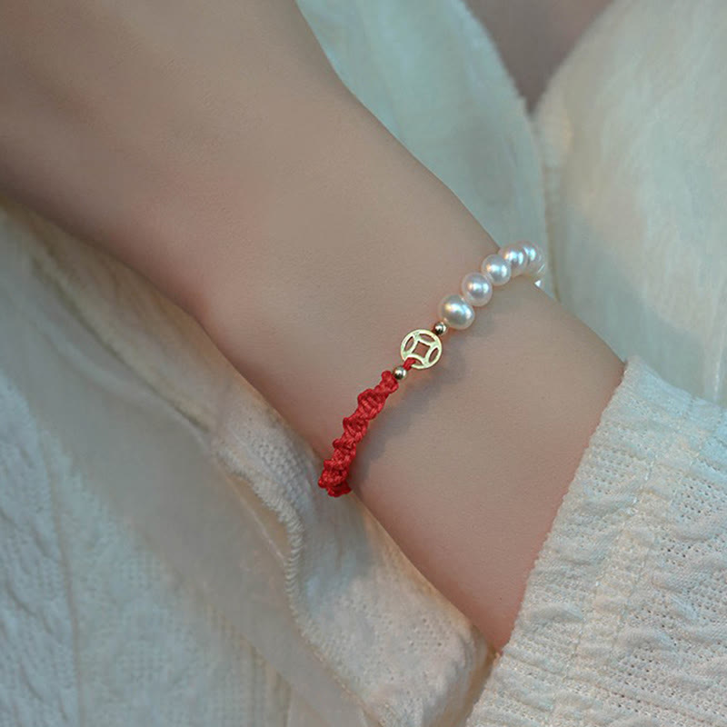 Fortune Jewel 14K Gold Plated Pearl Bead Luck Protection Braid Red String Bracelet