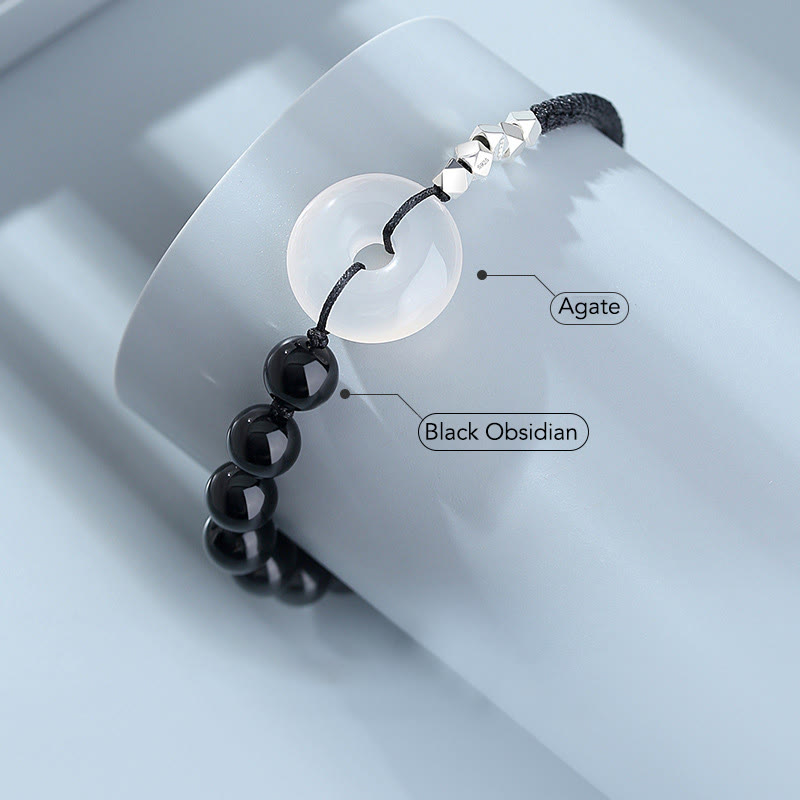 Fortune Jewel 925 Sterling Silver Black Obsidian Agate Peace Buckle Strength Bracelet