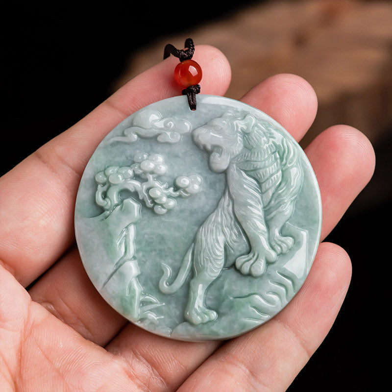 Fortune Jewel Chinese Zodiac Tiger Jade Protection Necklace String Pendant