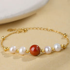 Fortune Jewel 925 Sterling Silver Pearl Cinnabar Healing Bead Chain Bracelet