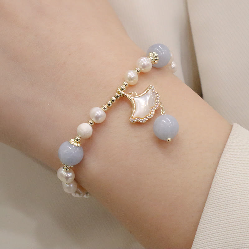 Fortune Jewel Natural Aquamarine Pearl Healing Ginkgo Leaf Butterfly Charm Bracelet