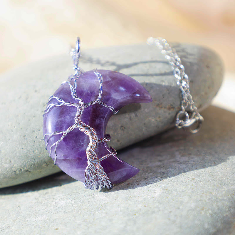 Fortune Jewel Natural Quartz Crystal Moon Tree Of Life Healing Energy Necklace Pendant