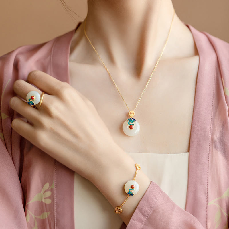 Fortune Jewel Jade Copper Coins Auspicious Clouds Prosperity Necklace Pendant Bracelet Ring Earrings