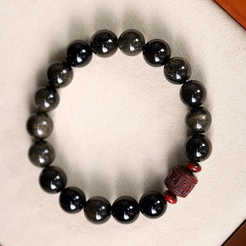 Fortune Jewel Natural Gold Sheen Obsidian Rainbow Obsidian Om Mani Padme Hum Fu Character Healing Bracelet