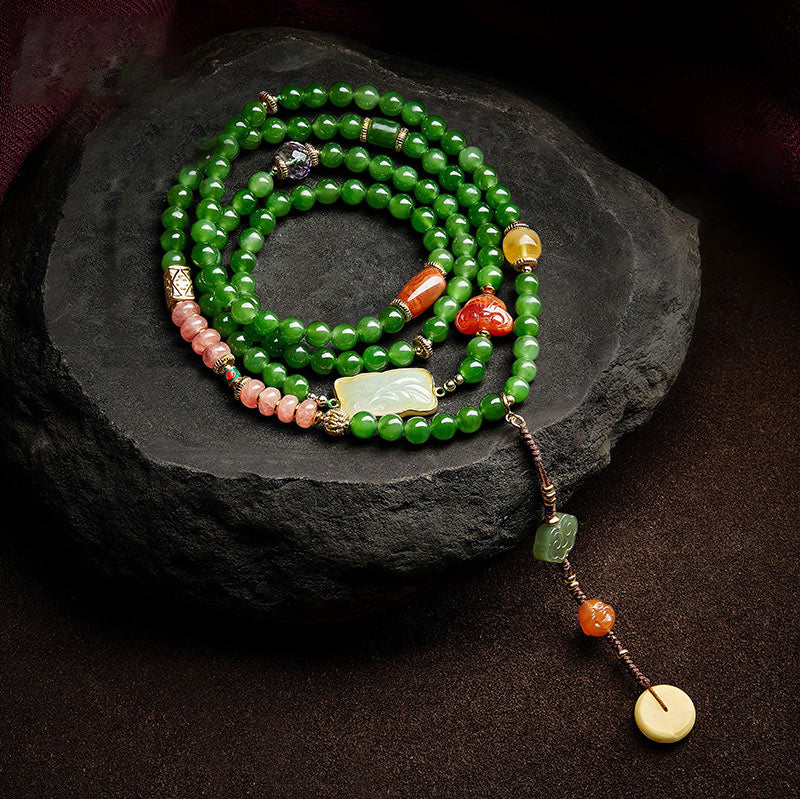 Fortune Jewel 108 Mala Beads Cyan Jade Red Agate Laughing Buddha Luck Bracelet Fortune Jewel