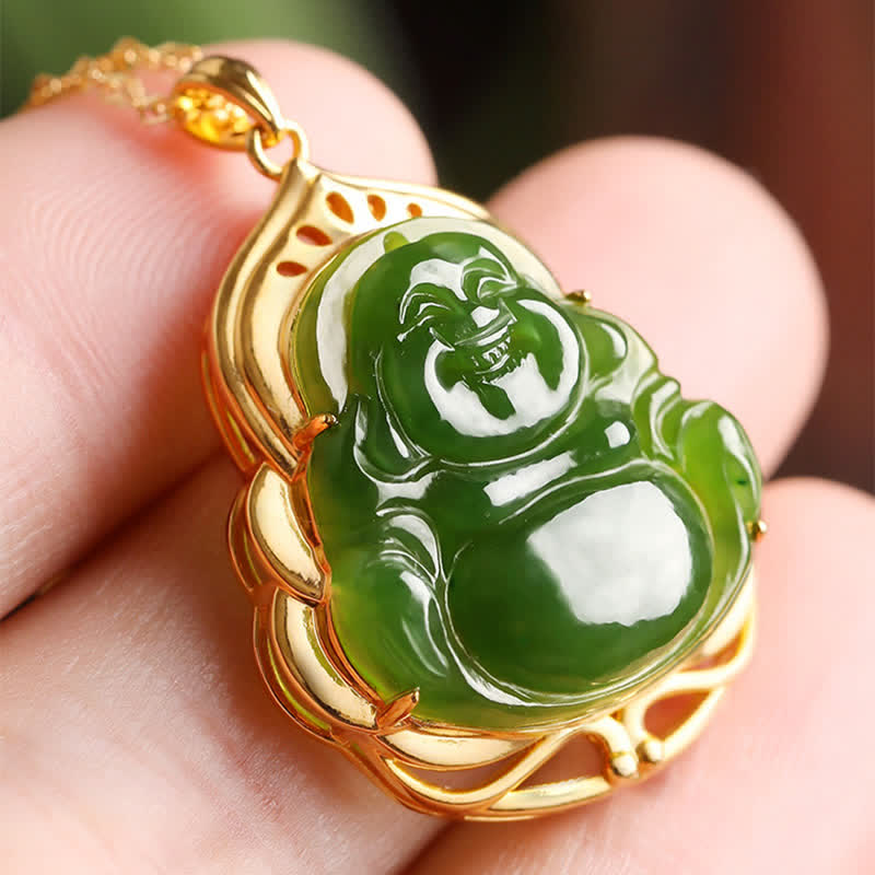 Fortune Jewel 925 Sterling Silver Natural Hetian Cyan Jade Laughing Buddha 18K Gold Healing Necklace Chain Pendant Fortune Jewel