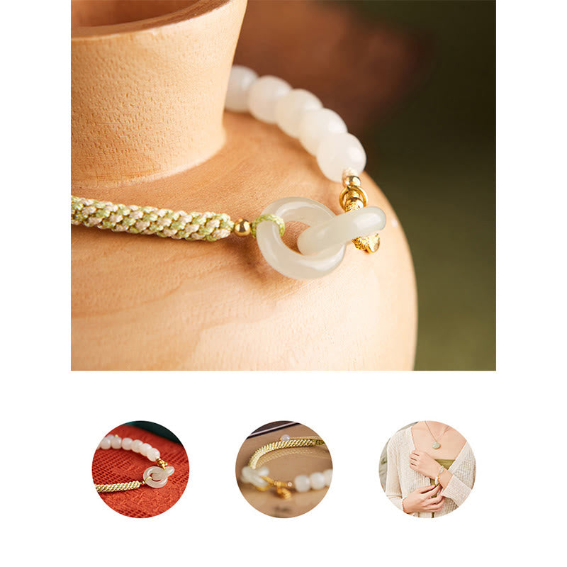 Fortune Jewel Natural Hetian Jade Bead Double Peace Buckle Fu Character Abundance Braided Bracelet
