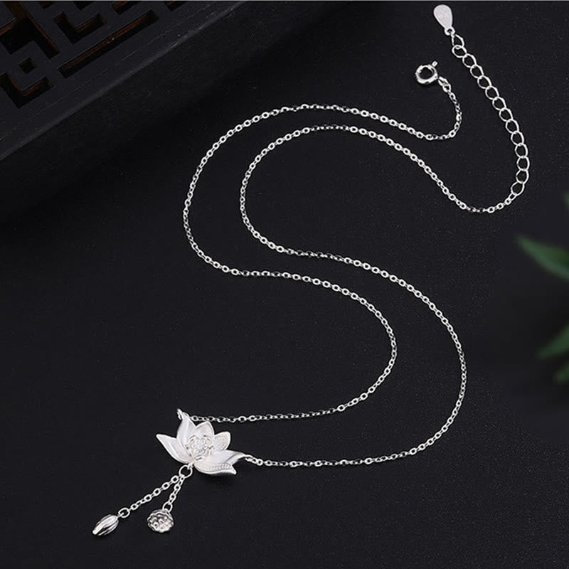 Fortune Jewel 999 Sterling Silver Lotus Flower Pod Carved Enlightenment Necklace Pendant Fortune Jewel