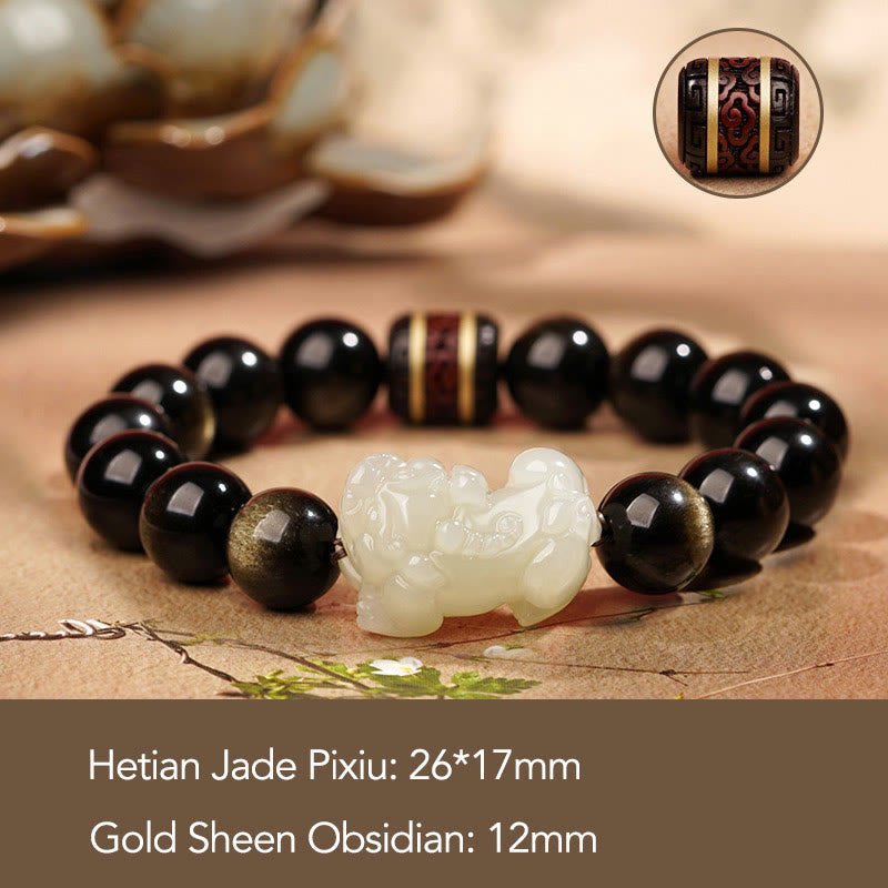Fortune Jewel Natural Gold Sheen Obsidian Hetian Cyan Jade White Jade PiXiu Wealth Bracelet