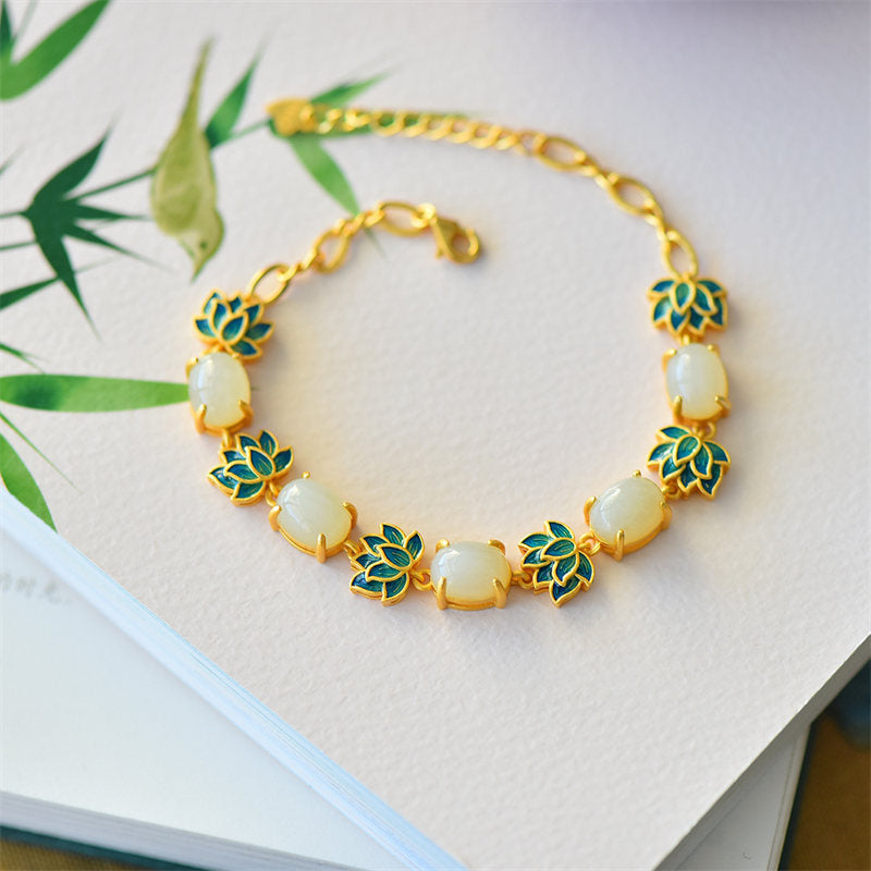 Fortune Jewel White Jade Cyan Jade Lotus Protection Bracelet Fortune Jewel
