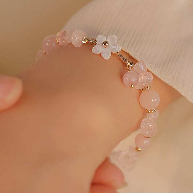 Fortune Jewel 14k Gold Plated Natural Pink Crystal Flower Love Bracelet
