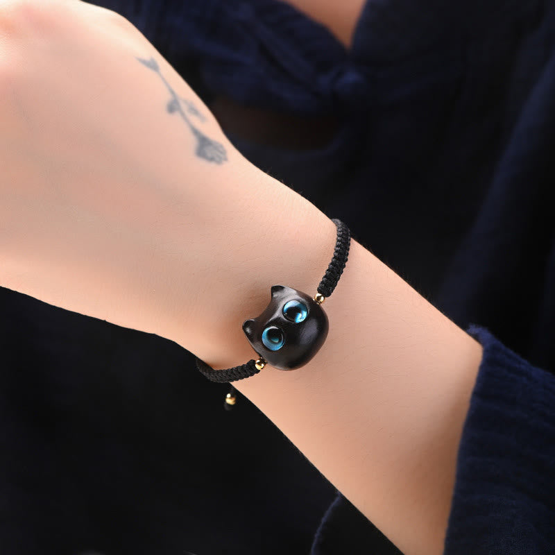 Fortune Jewel Small Leaf Red Sandalwood Ebony Wood Cute Cat Head Calm Protection Braided Bracelet