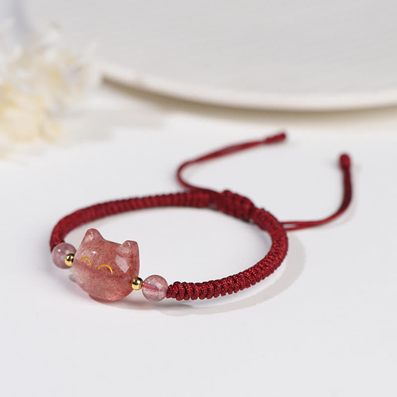Fortune Jewel Handmade Natural Silver Sheen Obsidian Strawberry Quartz Cute Cat Protection Braided Bracelet