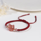 Fortune Jewel Handmade Natural Silver Sheen Obsidian Strawberry Quartz Cute Cat Protection Braided Bracelet