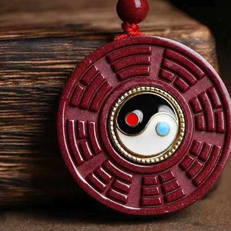 Fortune Jewel Natural Cinnabar Bagua Rotatable Yin Yang Keep Away Evil Spirits Necklace Pendant