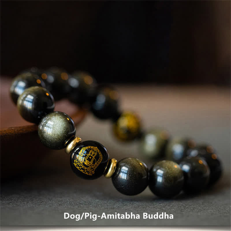 Fortune Jewel Chinese Zodiac Natal Buddha Gold Sheen Obsidian Wealth Protection Bracelet