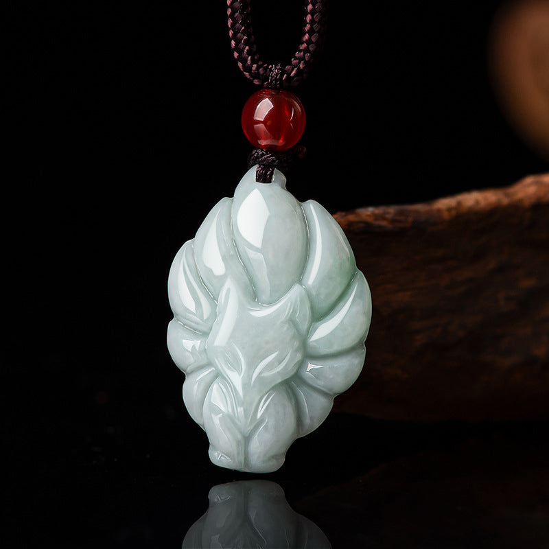 Fortune Jewel Natural Jade Nine Tailed Fox Luck Prosperity Necklace Pendant