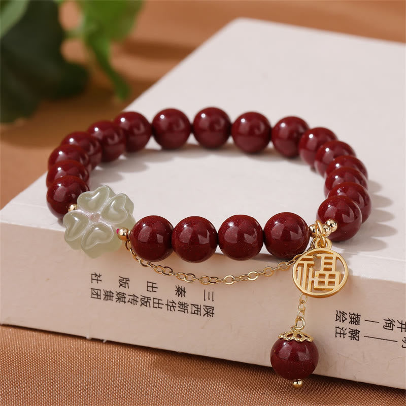 Fortune Jewel Cinnabar Fu Character Hetian Jade Lucky Four Leaf Clover Blessing Bracelet