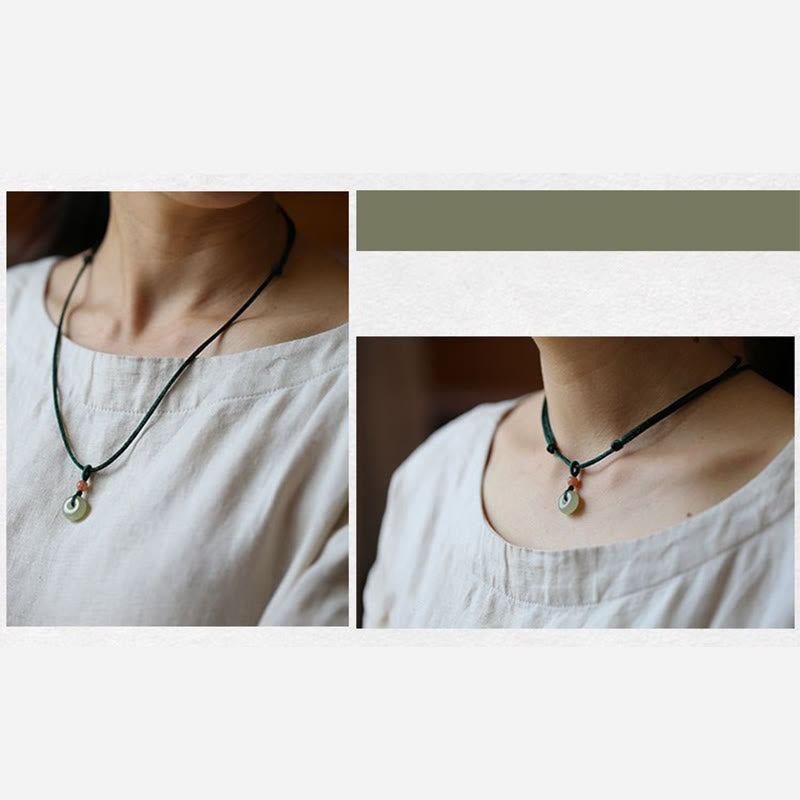 Fortune Jewel Natural Round Jade Peace Buckle Lotus Abundance String Necklace Pendant Fortune Jewel