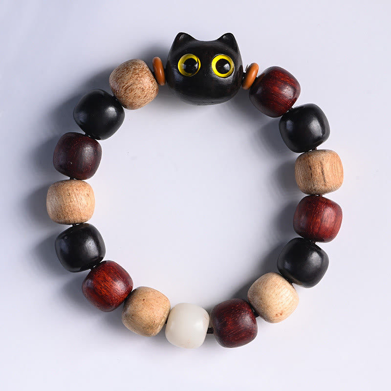 Fortune Jewel Small Leaf Red Sandalwood Ebony Wood Cute Cat Engraved Protection Bracelet