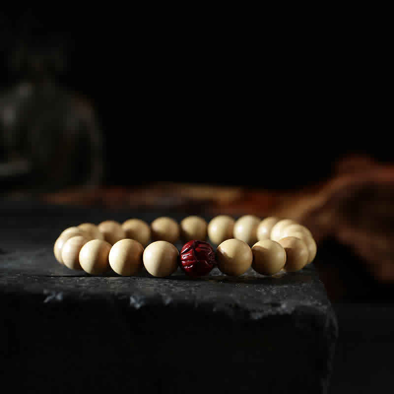Fortune Jewel Tibet Peach Wood Lotus Cinnabar Bagua Yin Yang Luck Wealth Bracelet