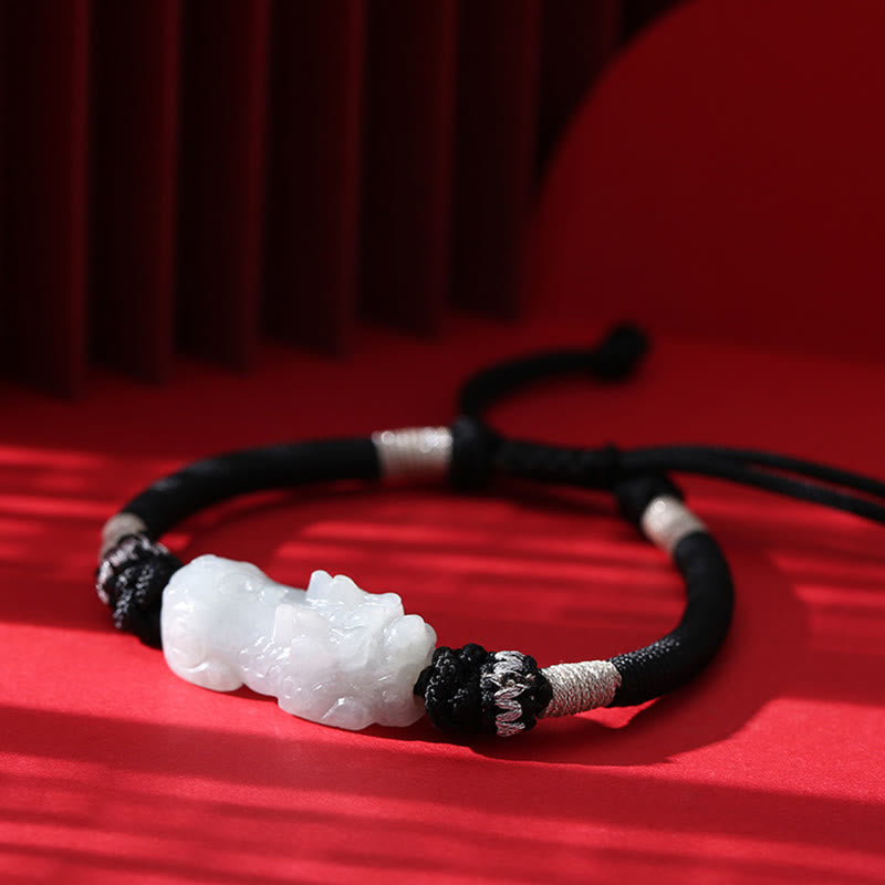 Fortune Jewel Handmade Natural Jade PiXiu Luck Prosperity Braided String Bracelet