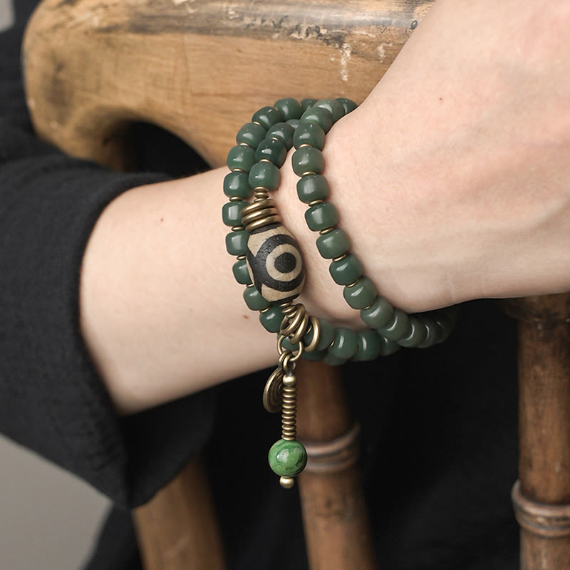 Fortune Jewel Cyan Bodhi Seed Dzi Bead Wisdom Peace Triple Wrap Bracelet