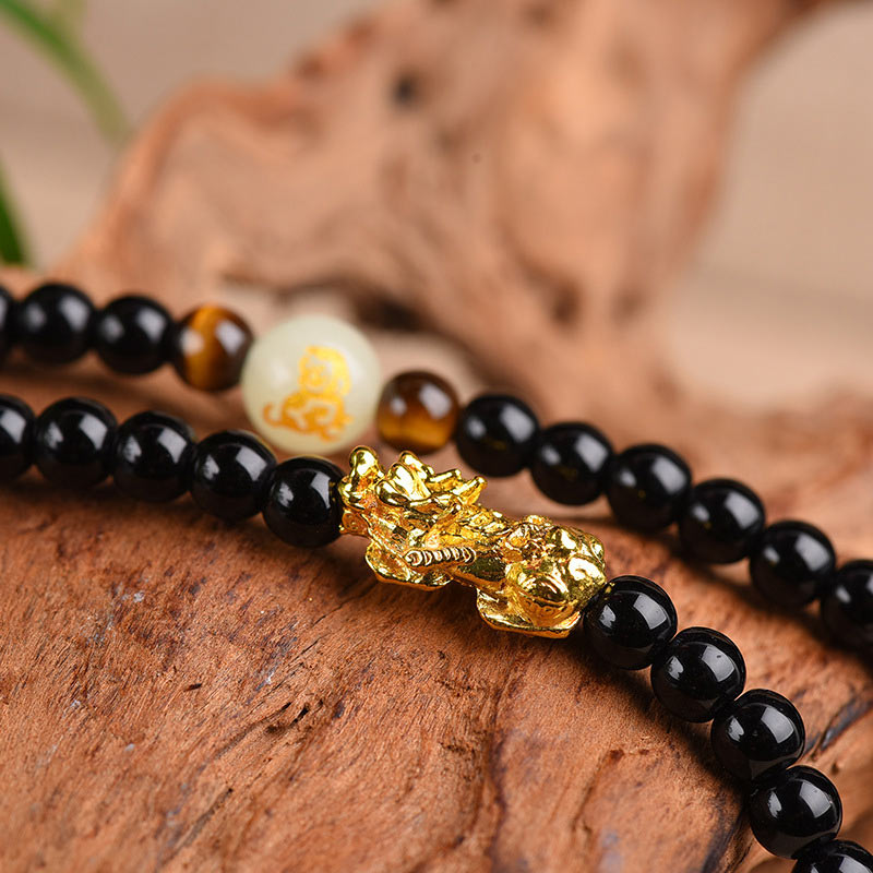 Fortune Jewel Chinese Zodiac Obsidian PiXiu Protection Mala Bracelet