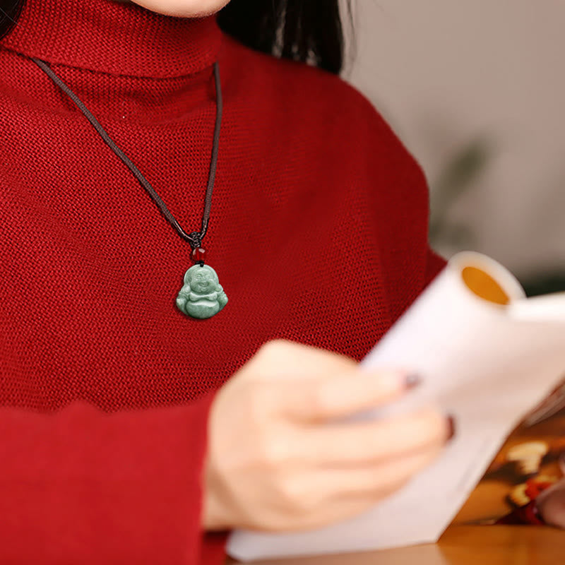 Fortune Jewel Natural Green Jade Laughing Buddha Luck Abundance Necklace Pendant Fortune Jewel
