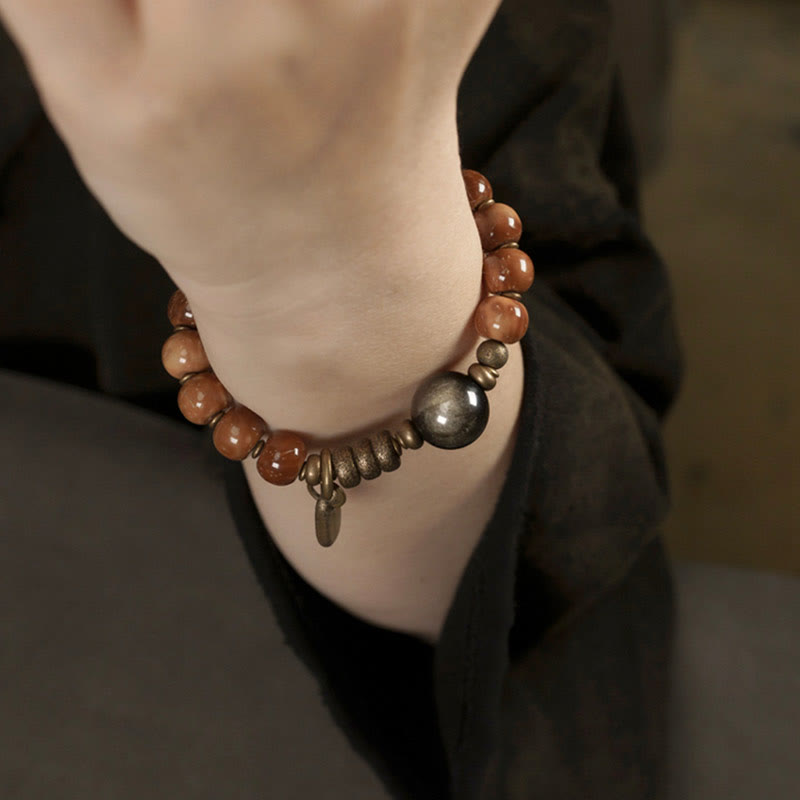 Fortune Jewel Kuka Seed Tiger Eye Gold Sheen Obsidian Brass Copper Wealth Luck Bracelet