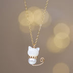Fortune Jewel 14K Gold Plated Pearl Hetian Jade Shell Luck Cat Kitten Necklace Pendant