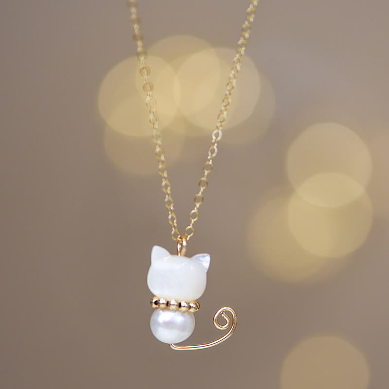 Fortune Jewel 14K Gold Plated Pearl Hetian Jade Shell Luck Cat Kitten Necklace Pendant