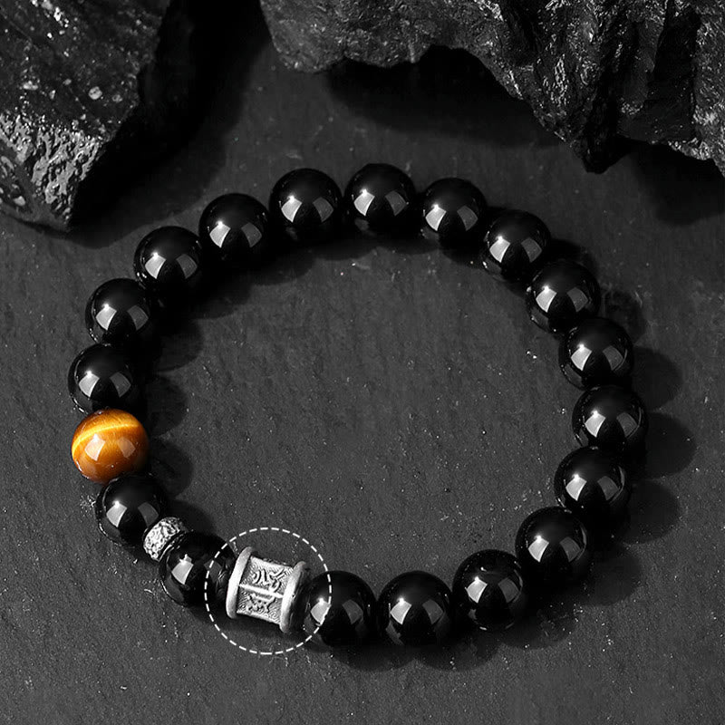 Fortune Jewel 999 Sterling Silver Black Obsidian Tiger Eye Om Mani Padme Hum Fulfillment Bracelet
