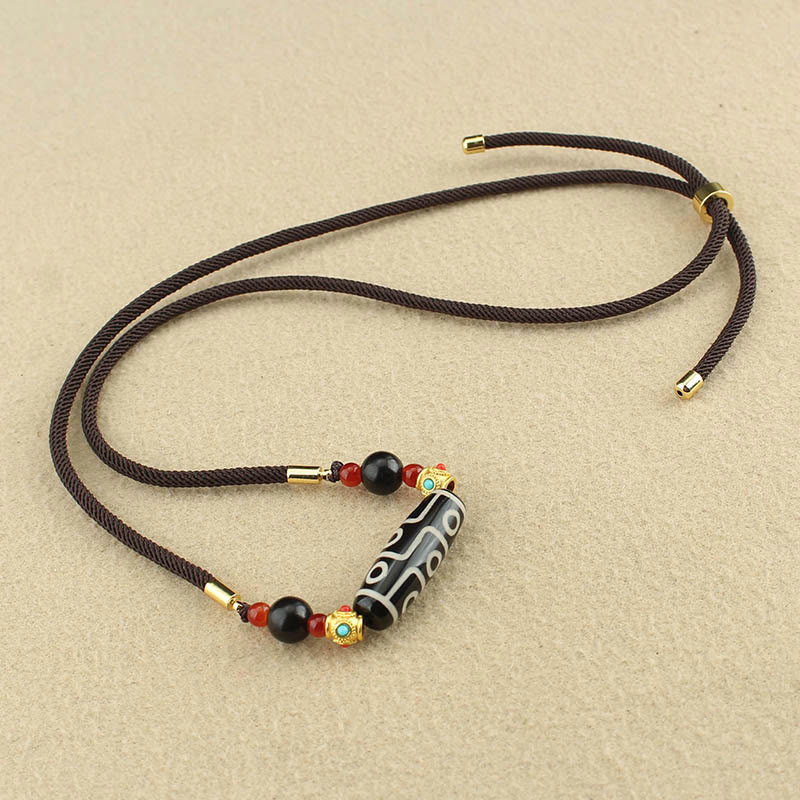 Fortune Jewel Tibetan Nine-Eye Dzi Bead Protection Blessings String Necklace Pendant
