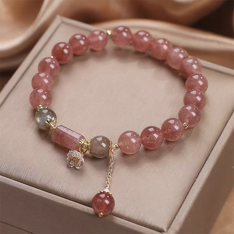 Fortune Jewel Natural Strawberry Quartz Zircon Flower Positive Charm Bracelet