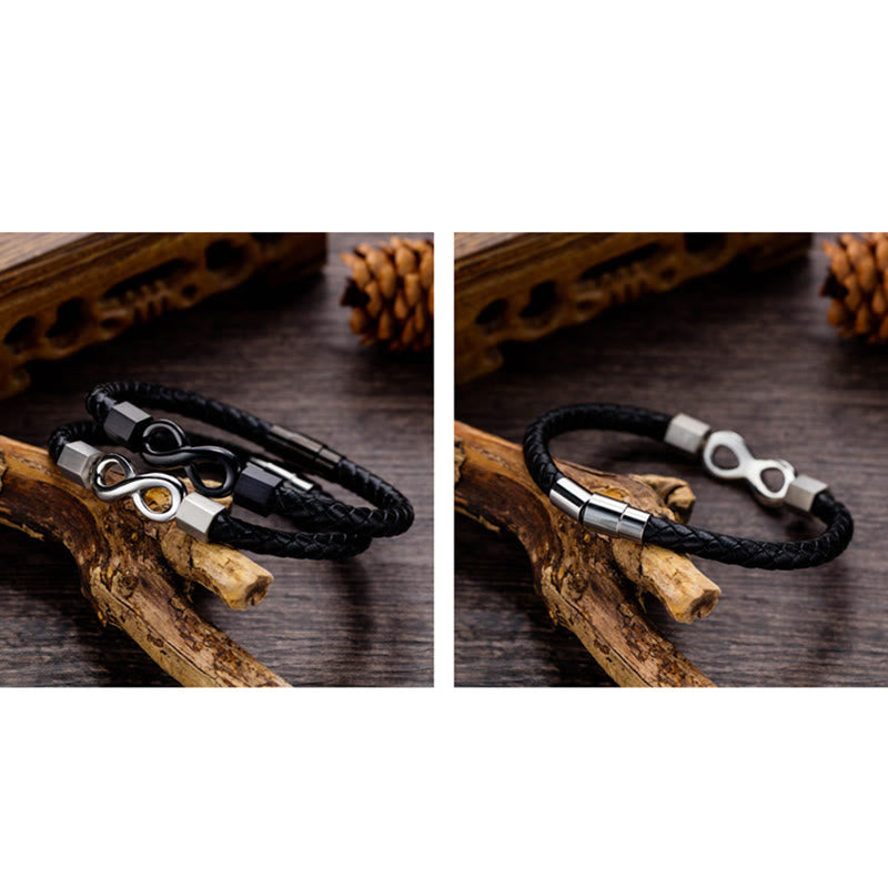 Fortune Jewel Endless Knot Titanium Steel Infinity Leather Weave Balance Bracelet