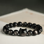Fortune Jewel Gold Sheen Obsidian Silver Sheen Obsidian Lovely Paw Lucky Cat Protection Bracelet
