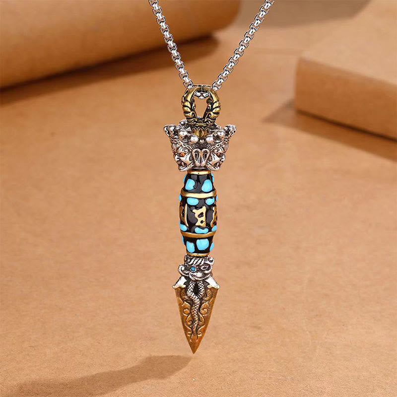 Fortune Jewel Tibet Om Mani Padme Hum Dzi Bead Dorje Vajra Pattern Wealth Rotatable Necklace Pendant