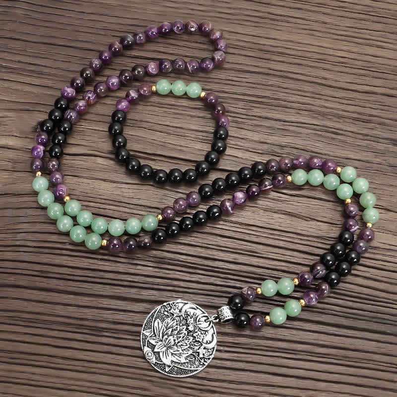 Fortune Jewel 108 Mala Beads Amethyst Green Aventurine Lotus Meditation Bracelet