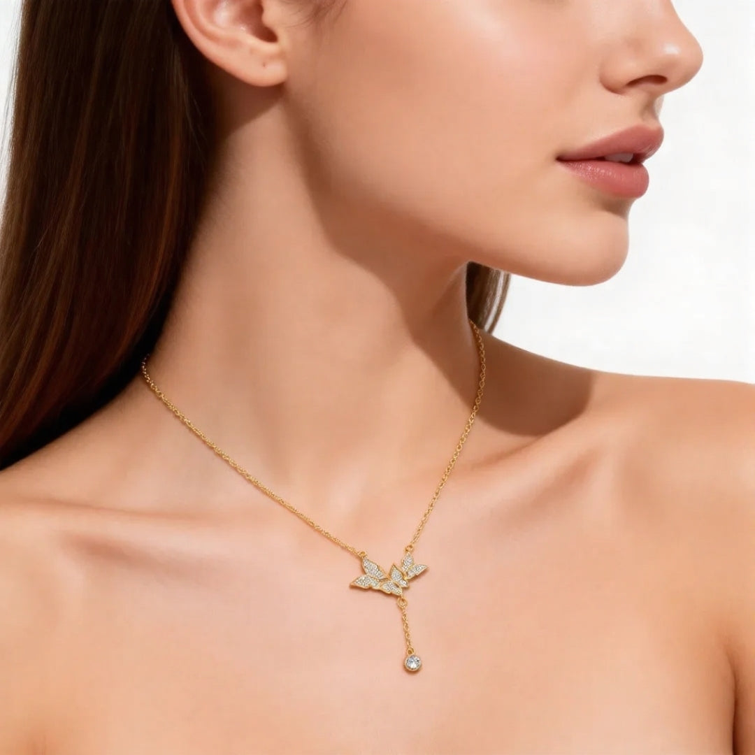 925 Sterling Silver Butterfly Tassel Y Necklace